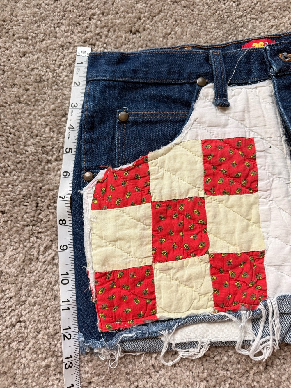 Wrangler Upcycled Denim Patchwork High-Waist Women's Shorts - Red & White Patch - Picture 8 of 8